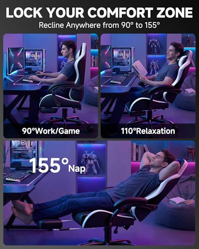 GTPLAYER Gaming Chair for Adults, Ergonomic Computer Gaming Chair with Footrest, Height Adjustable, 90-155° Recline & Removable Headrest Lumbar Support, Snow White - Image 5