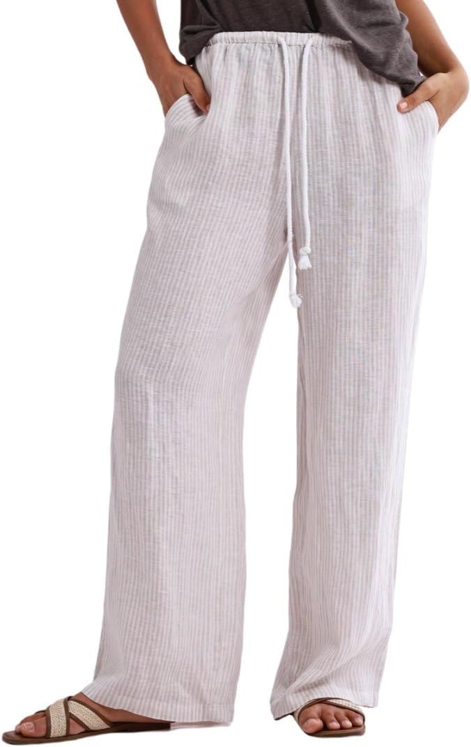 Amazhiyu Women's 100% Linen Striped Drawstring Elastic Waist Wide Leg Pants