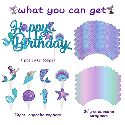 49Pcsmermaid Party Cake Decoration Mermaid Happy Birthday Cake Topper Cupcake Toppers And Wrappers For Mermaid Under The Sea Theme Birthday Baby Shower Supplies #TOP1