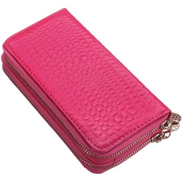 Hot Pink patent Glossy Faux Croc Fashion Double Zip Wallet2