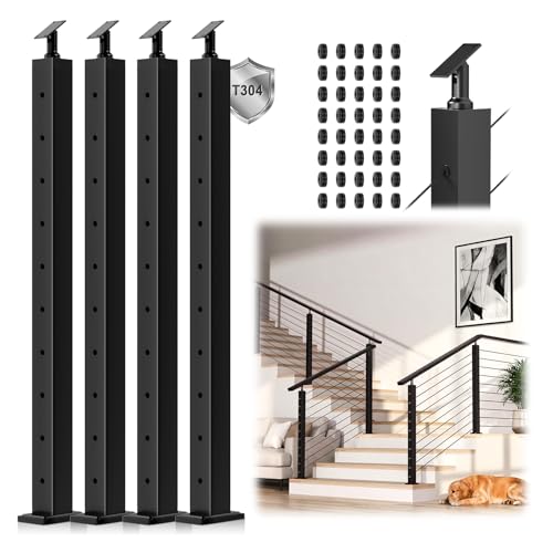 Image of 4Pack 36 inch Swageless Modular Stair Cable Railing Post Fit 28-38 Degree Stairway, Stainless Steel T304 Black Coated Surface Mount 33 Angle Drilled Post for Cable Railing System Indoor Outdoor