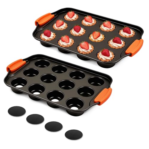 Erthskda 2 Pack Mini Cheesecake Pans, 12 Cavity Small Muffin Tray with Silicone Grip Handles Nonslip, Removable Bottom Cupcake Baking Supplies for Kitchen