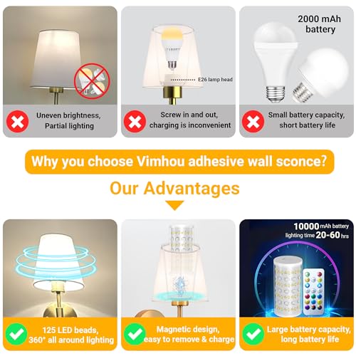 Vimhou Peel and Stick Wall Sconces, Stick On Wall Sconce Set of 2, Battery Operated Wireless Wall Light, No Drill Adhesive Wall Lamp, Corn Bulb with 10000mAh Rechargeable Battery, Bedroom Wall Decor - Image 3