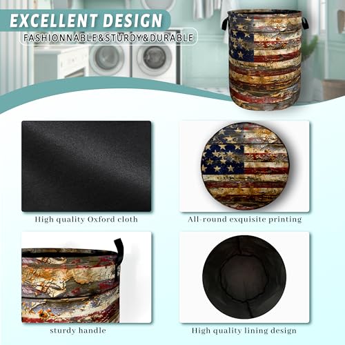 Image of Vintage American Flag Laundry Basket Oxford Cloth Hamper18.9 inch x 16.5 inch