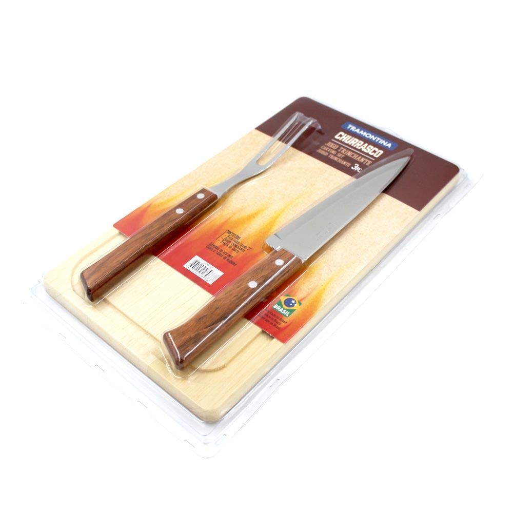 Tramontina Churrasco 3-Pieces Barbecue Carving Set with Stainless Steel Blades and Natural Wood Handles