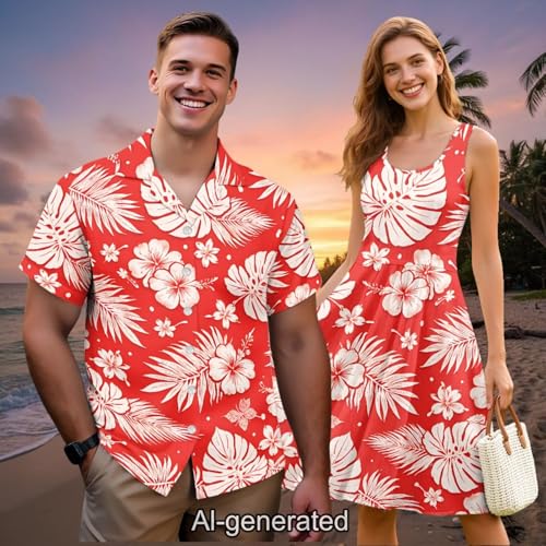Image of Dreaweet Summer Dresses for Women A-Line Sleeveless Flowy Sun Dresses,Men's Casual Button-Down Shirts,Couple Matching Outfits
