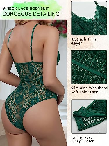 Popiv Women Lace Lingerie Bodysuit Set Sexy Corset Teddy Lingerie Tops Snap Crotch Body Suit Dark Green #TOP1