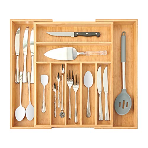 Bamboo Expandable Drawer Organizer for Kitchen Utensils ,Multifunctional Silverware Organizer Flatware Drawer Organizer and Cutlery Tray for Silverware, Flatware, Knives .etc( 9 Slots ,Natural)