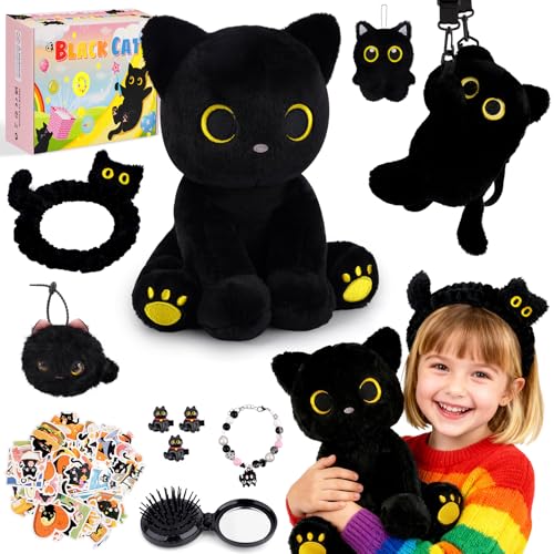 MUFEIRUO Black Cat Plush Toy Gift Set for Girls Age 4-8, 9 Pieces Cat Stuffed Animals with Keychain/Bag/Headband/Sticker/Mirror,Christmas Birthday Gifts for Little Girls Age 4 5 6 7 8 9 10