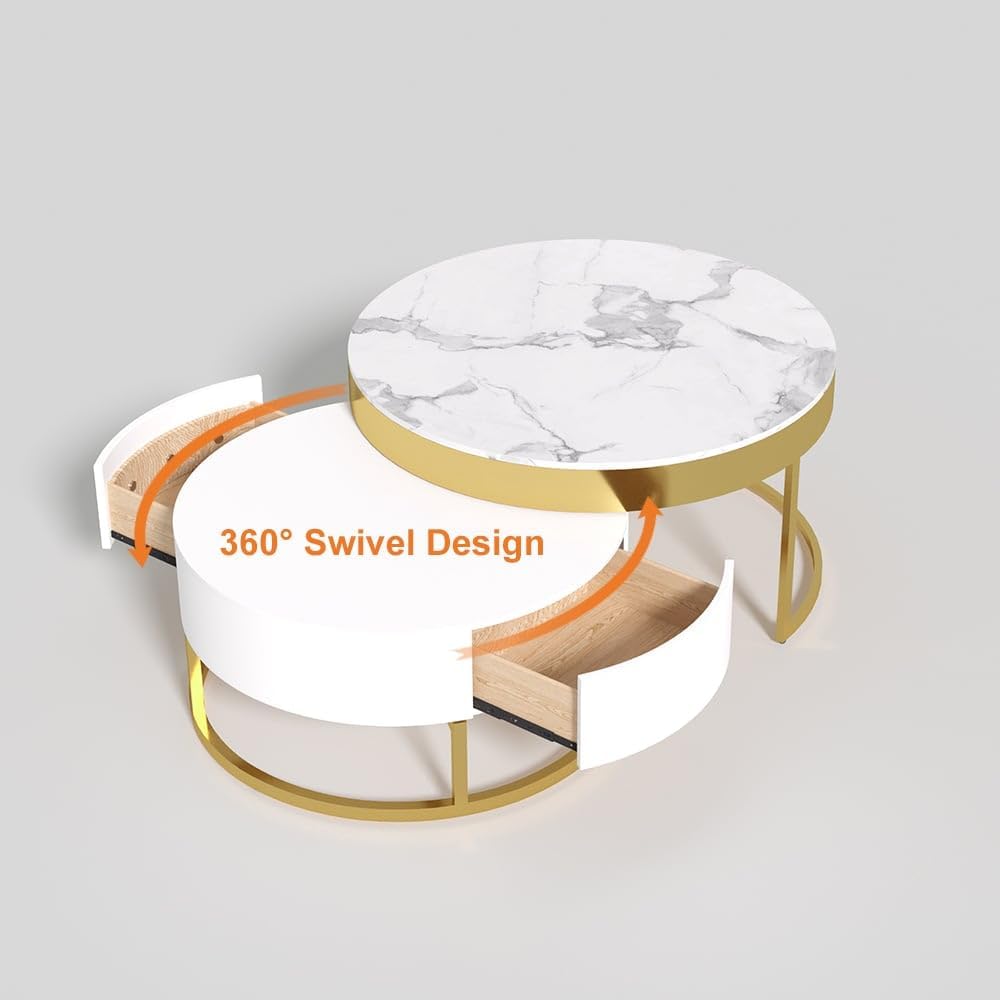 Homary coffee table with 360 degree swivel design showing open drawers