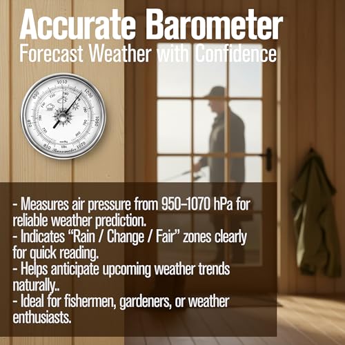 Analog Weather Station Barometer Set, 3-in-1 Air Pressure Temperature Humidity Gauge 950 to 1070hPa, -30–50°C, Silver Dial Type Traditional Barometers Hygrometer Thermometer, No Batteries Required