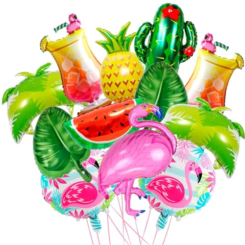 12 Pièces Ballons Hawaïens, Ballons en Aluminium Hawaïen, Rose Flamant Ananas Cactus Ballon, Hawaïenne Ballon Géants Décorations, Décoration Fête...