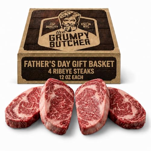Grumpy Butcher Aged Ribeye Steaks, 4 Pack - USDA Top Third Angus Choice Beef Ribeye Steaks - With Father’s Day Gift Basket Box Option - Ships Frozen