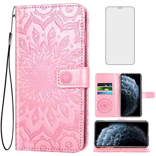 Phone Case for iPhone 11 Pro Max 6.5 Wallet Cases with Tempered Glass Screen Protector and Leather Flip Cover Card Holder Stand Cell Accessories iPhone11 11pro Promax i XI Plus Women Rose Gold