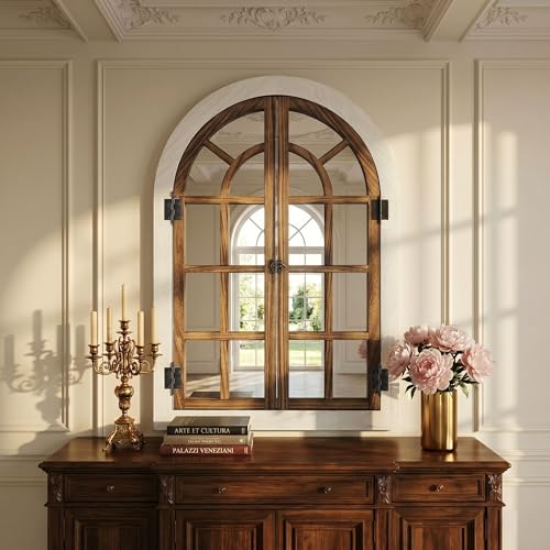 Image of Fahomiss Windowpane Wall Mirror with Wooden Frame, Arched Window Design for Living Room & Entryway, Vintage Cottage Style