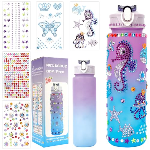 Decorate Your Own Water Bottle Kit for Girls 4-12 Girls Water Bottle Gem Stickers DIY Arts and Crafts Kits Supplies 5 6 7 8 9 10 Year Old Girl Easter Birthday Gifts Easter Basket Stuffers Purple