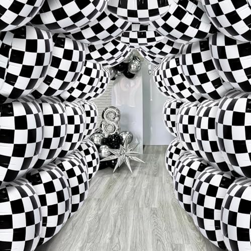 Image of 20Pcs Race Car Square Balloons Black and White Checkered Balloon Set for Boy Adult Wheel Tire Checkered Party Decoration for Racing Party Square Balloon Wall, Boys Birthday Favors 13.3In