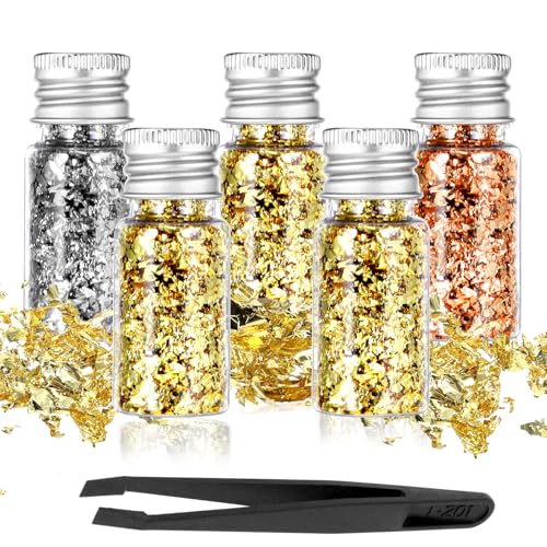 PEOVLVN 5 Bottles Edible Gold Flakes Gold Leaf Cake Decoration Gold Leaf Sheets for Cooking Dessert Baking Gold Foil Chocolates Decor Gold Flakes for Nails Art Crafts Makeup (3 Colors)