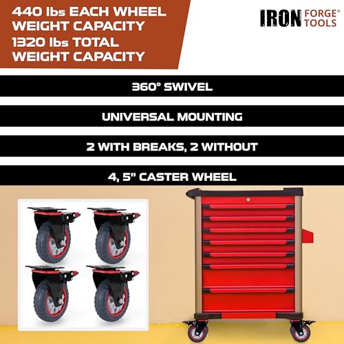 Image of Iron Forge Tools Heavy Duty Swivel Knobby Casters Set of 4, 6 inch Height, 5 inch Diameter, Solid PU Knobby Tread Heavy Duty Wheels, Swiveling Bases, Two Casters with Brakes, Two Without, Black & Red
