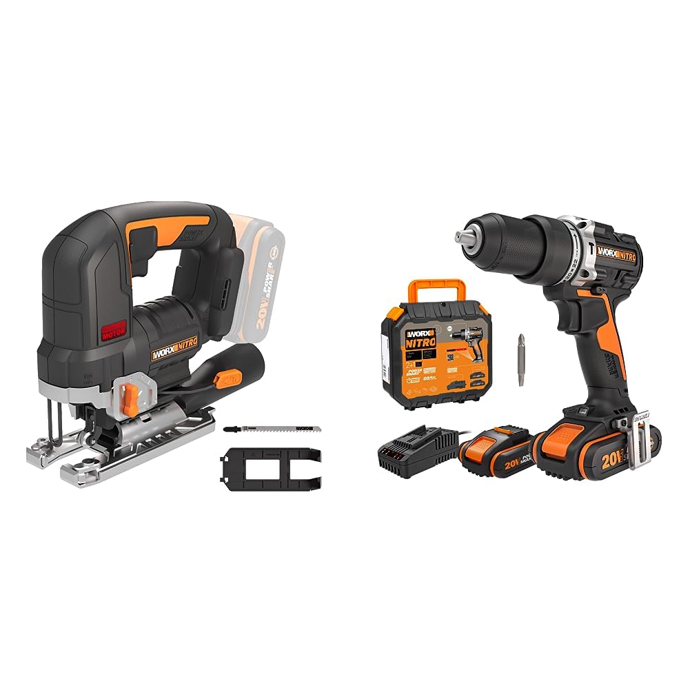Pack Worx WX352 | WX542.9 | Taladro percutor más Sierra de calar 20V Máx | 2 Baterías | Cargador y maletín