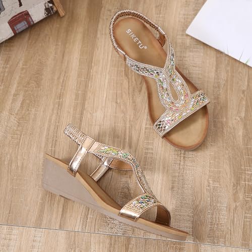 Women's Bohemian Rhinestone T-strap Wedge Sandals Open Toe Elastic Slingback Mid Heels Summer Beach Dressy Sandal4