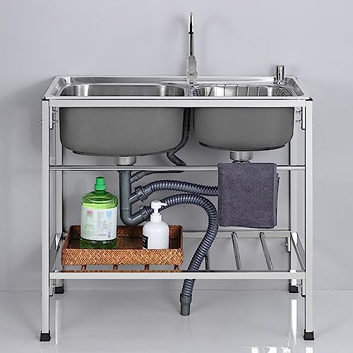 実用水槽キッチン水槽大型キッチン水槽ステンレスダブルボウル商用実用水槽、冷熱蛇口付き、ガレージガーデンバーレストラン屋外に適している