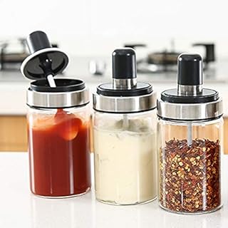 TENTA Kitchen 3 High Borosilicate Glass Spice Jars Seasonning Box Jar Condiment Jar, Combination Spoon and Lid Design, Premium Commercial Grade, Empty Jars 8.45 oz, Airtight Cap.