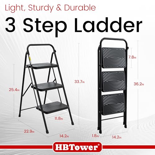 HBtower 3 Step Ladder, Step Stool with Wide Anti-Slip Pedal, Step Ladder Folding Step Stool for Adults, Lightweight Steel Portable ladders for Home Kitchen