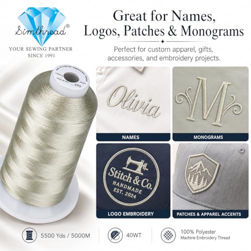 Image of Simthread 5000M 40WT Polyester Embroidery Thread, Warm Grey 399 | 5000M 40WT polyester thread feeds smoothly for machine embroidery, monograms, logos, patches and quilting.