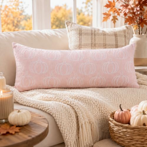 Image of Fall Pumpkin Chenille Pillow Covers,Autumn Decor (Pink,14x36) | Double-sided pumpkin and plaid designs, thick chenille texture, hidden zipper, for couch, sofa, bed, farmhouse autumn decor