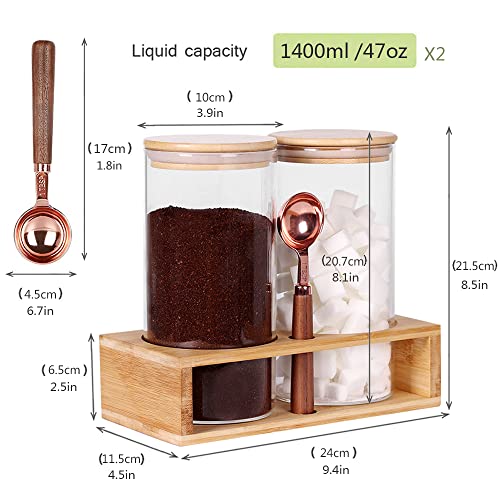 Glass Coffee Containers With Shelf, Set Of 2 Coffee Bean Storage With Bamboo Lids And Spoon, Ground Coffee And Suger Jar Container Set For Coffee Bar (47 Oz) #TOP1