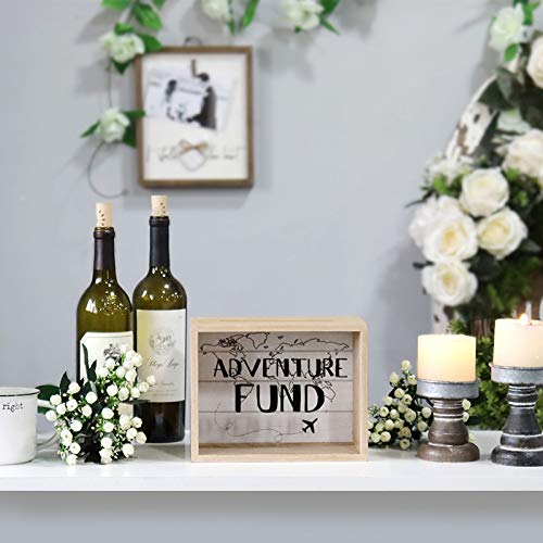 Hanna Roberts Card and Adventure Fund Wood Box with World Map and Plane Design for Weddings, Birthdays, Graduations, Baby and Bridal Showers, 9" x 5.5" x 7", Adventure Fund
