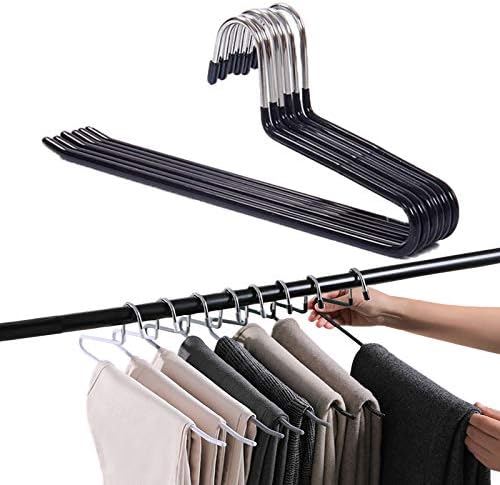 PJJXMY Pants Slack Trousers Hangers - 10 Pack, Space Saving Slim Strong and Durable Anti-Rust Chrome Metal Hangers, Open Ended Design for Easy-Slide Pant, Jeans, Skirt, Slacks Etc (Black Heavy Duty)