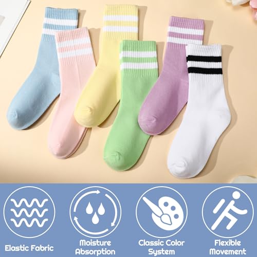 Image of Womens Crew Socks Striped Trim Casual Crew Socks Mid Calf Ankle Sock Vintage Retro Gym Running 6 /8 Pack