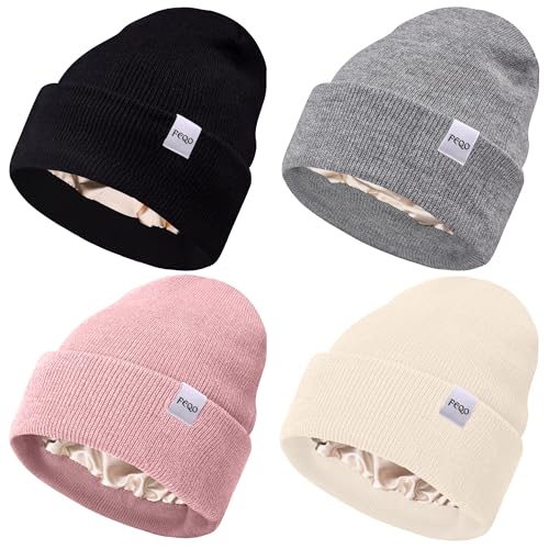 FEQO 4 Pack Satin Lined Winter Beanie Hats Soft Silk Lined Beanies Knit Warm Cuffed Hats for Women Men(Black, Blush Pink, Light Grey, Beige)