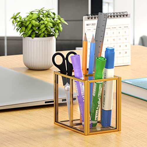 Image of NIUBEE Gold Acrylic Pen Holder for Desk, Clear Pencil Cup Organizer Makeup Brush Holder, Acrylic Desk Organizers and Accessories for Desktop Office - 2 Compartments