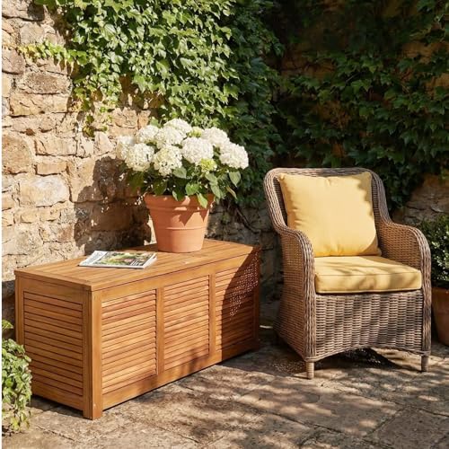Miniatura 8 de Komfotteu Baúl De Jardín De Madera De Acacia 120 X 45 X 45 Cm, Caja De Almacenaje Con Capacidad De 178 L, Arcón Exterior Con Tapa Antipolvo Y Asa, Banco Contenedor Con Soporte Hasta 150 Kg