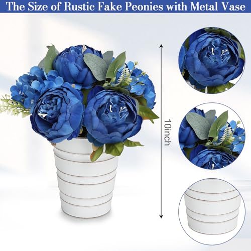XOETCP Peonies Artificial Flower Table Centerpieces - 10 Inches Tall Faux Silk Floral Arrangements with Rustic Metal Vase for Farmhouse Home Decor - Royal Blue — view 2