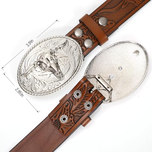 Country Style Genuine Leather Belt – Silver Buckle, Tooled Design for Cowboy Look3