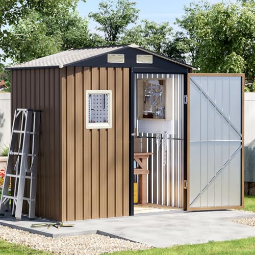 Image of 6x4 FT Outdoor Metal Storage Shed with Floor Frame, Single Door, 1 Clear Window, Tool Shed for Garden, Patio, Backyard Brown