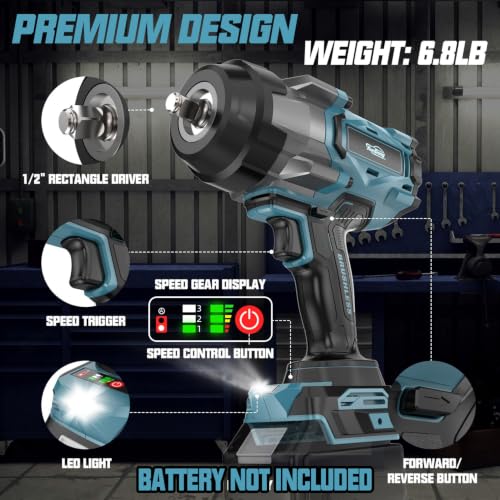 Image of Cordless Impact Wrench 1 /2 inch Compatible with Makita 18V Battery, 1600Ft-lbs(2200N.m) High Torque Impact Gun Heavy Duty, Brushless Electric Power Impact Driver with 4 Speed Modes & LED Work Light