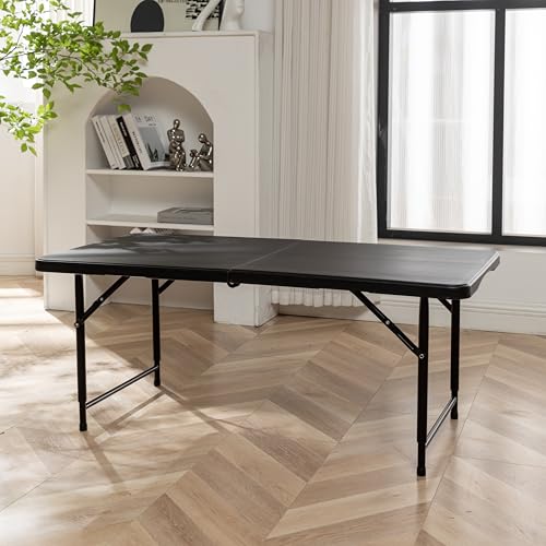 Image of BTEXPERT 4 Foot Fold-in-Half Folding Utility Table, Height Adjustable Portable Plastic Table w /Carry Handles, Lightweight Commercial Grade Indoor Outdoor for Picnic, Camping, Office Home Party Black