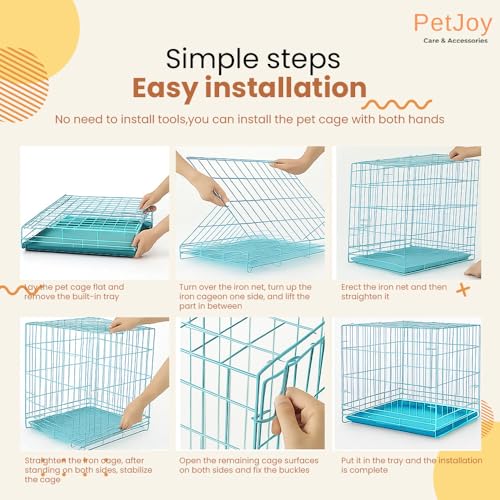 Image of PETJOY Foldable Metal Dog Cage | Dog Crate Kennel for Puppies, Small Dogs, Cats & Rabbits | Single Door with Secure Lock, Removable Leak-Proof Tray | Portable & Easy to Clean Pet Cage (Blue, 30 INCH)