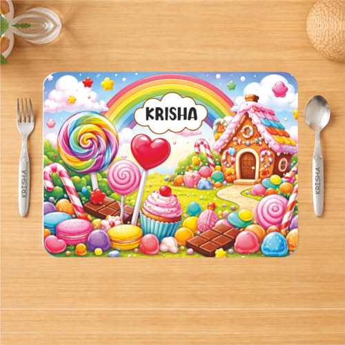 Image of Customized Table Mat with Name & Design Engraving | Personalized Dining Mat with Spoon & Fork | Customized Birthday Gift for Kids (Candy)