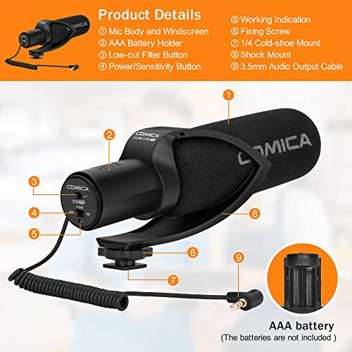 comica CVM-V30PRO Shotgun Microphone Professional Super Cardioid Video Recording Microphone with Wind Muff, Camera Microphone for Canon Nikon Sony DSLR Cameras,Camcorders,iPhone Smartphones - Thumbnail 3