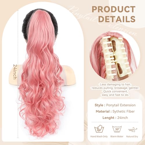 Image of 24 inch Ponytail Extension, Long Curly Wavy Claw Clip and Natural-Looking Synthetic Hairpiece, Voluminous Pony TailHair Extensions for Women Daily Wear. (Pink, 24Inch)