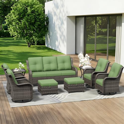 Image of 9 Piece Outdoor Wicker Patio Furniture Set, Outdoor Swivel Rocker Patio Chairs Set with Thickened Olefin Cushions, High Back and Deep Seating, Hand-Woven PE Rattan for Porch, Deck