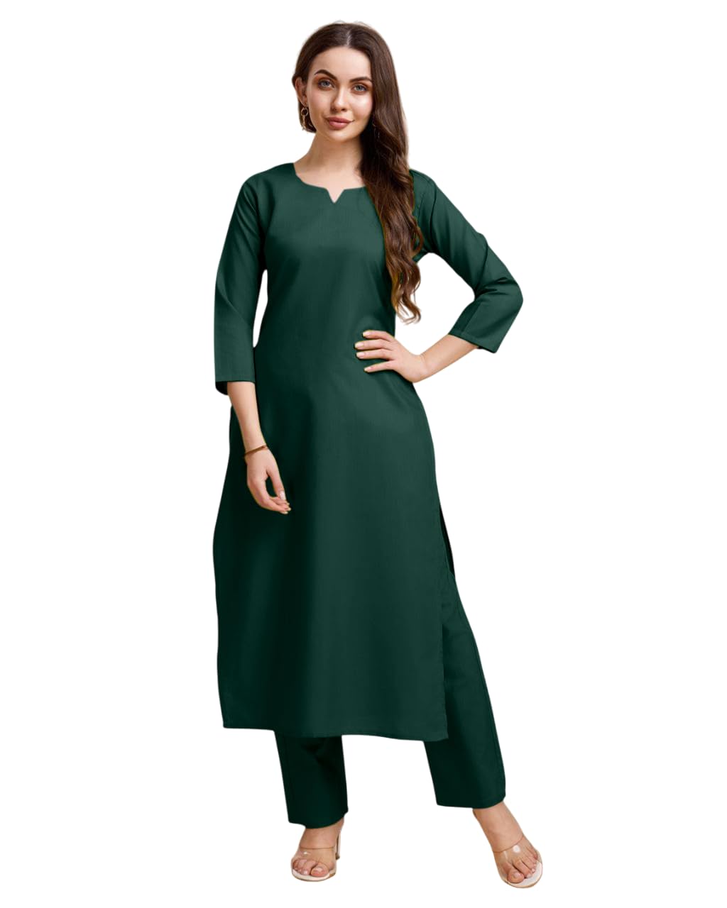 Women's Cotton Straight Kurta with Pants Set, 3/4 Sleeves, Notched Neckline-picture-40