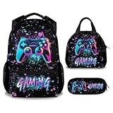 MEETUHONEY Gaming Backpack with Lunch Box - Set of 3 School Boys Backpacks Matching Combo for Kids - Fashion Black Bookbag and Pencil Case Bundle