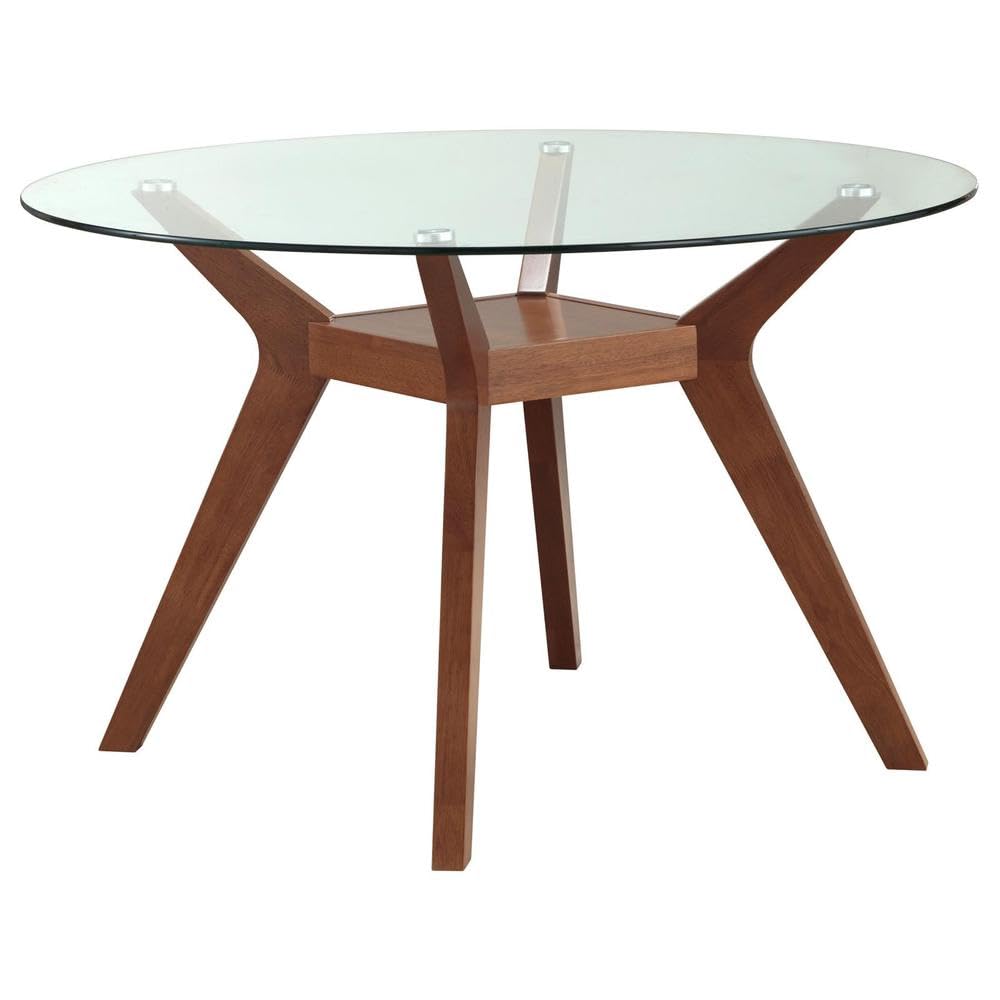 Furnifact 48-Inch Round Dining Table Featuring Clear Glass Top and Nutmeg Wood Base, Perfect for Stylish Dining Rooms and Memorable Gatherings